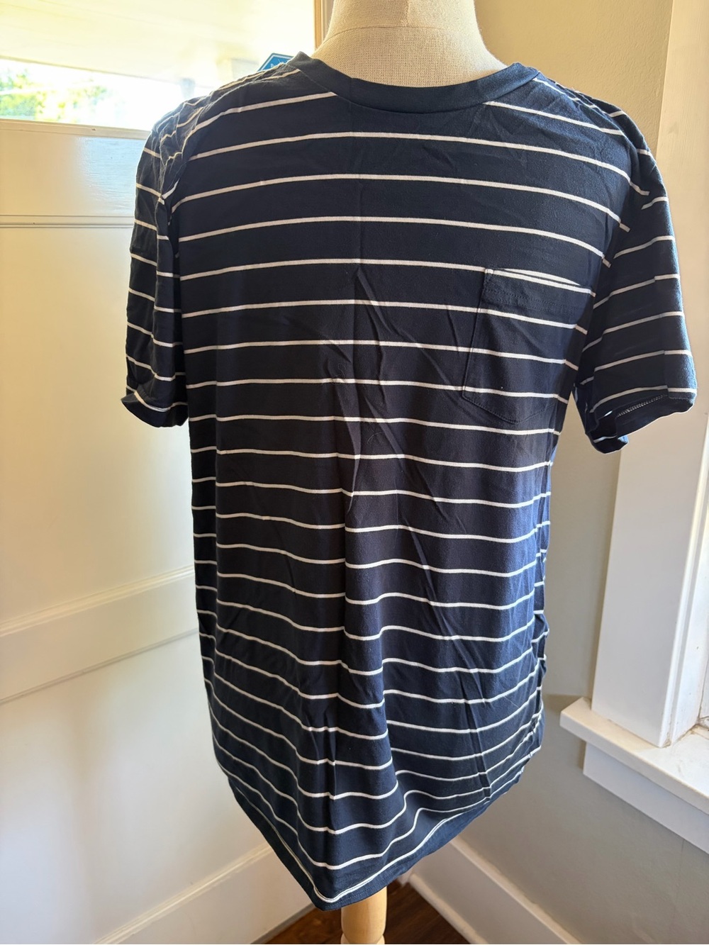 Mack Weldon Navy and White Horizontal Stripe Pocket Tee